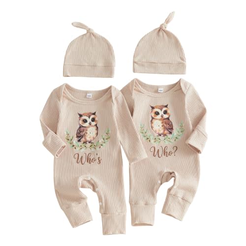 Newborn Baby Boy Girl Twins Matching Outfits Knit Romper Jumpsuit | Who's Who Owl Newborn Twins Baby Boy Girl Clothes, Long Sleeve Bodysuit with Mitten Cuffs, Twins Baby Boy Girl Fall Clothes