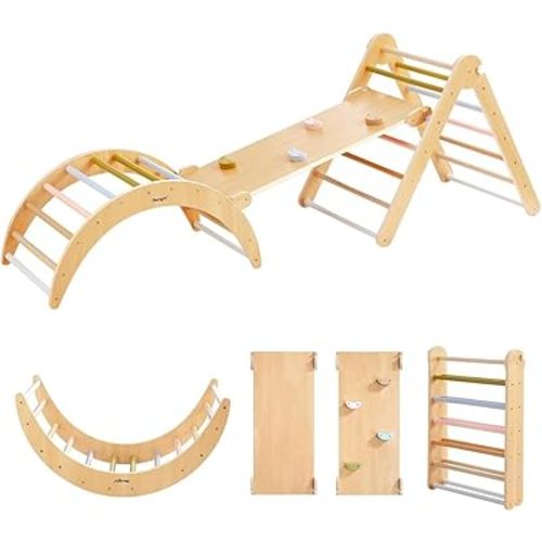 Asweets 4 in 1 Pikler Triangle Gym, Montessori Foldable Climber with Ramp, Indoor Climbing Toys for Kids, Climbing Triangle for Toddlers Arch Climber, Rocker, Learning Waldorf Children Toy, Light