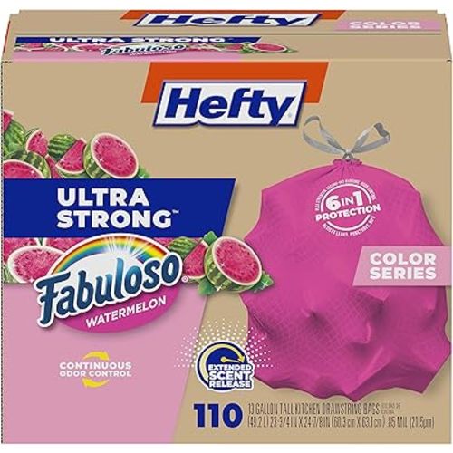 Hefty Ultra Strong 13 Gallon Trash Bags, Tall Kitchen Trash Bags 13 Gallon Size, Resist Leaks, Punctures, and Rips, Continuous Odor Control, Pink, Fabuloso Watermelon Scent, 110 Bags