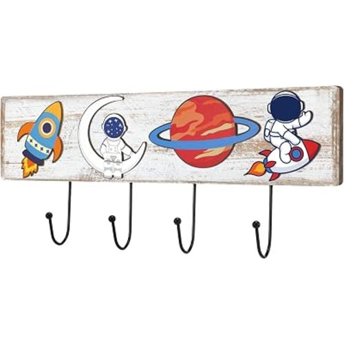 Space Themed Wooden Coat Rack with 4 Hooks, Rocket Astronaut Planet Moon Wall Mounted Hangers, Cute Cosmic Decorative Hook Rack for Room Entryway Playroom, Holds Hats Keys Towels Bags