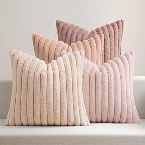 MIULEE Faux Fur Plush Decorative Throw Pillow Covers 18x18 Set of 4, Valentine's Day Cute Modern Soft Romantic Fuzzy Striped Cushion Covers Girl for Sofa Couch Bed Living Room Cozy Home Decor,Pink