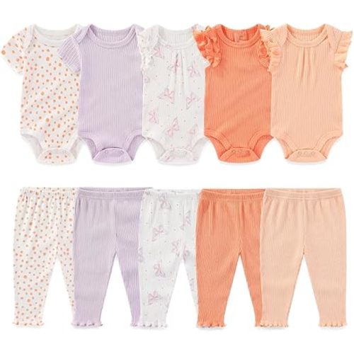 Kiddiezoom Newborn Baby Layette Set 10-Piece with Bodysuits and Pants Set for Unisex Baby Gift Sets