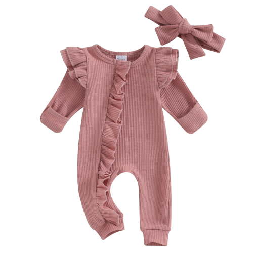 Bagilaanoe Newborn Baby Girl Boys Autumn Jumpsuit Long Sleeve Bodysuit + Headband 3M 6M 12M Infant Ruffled Zipper One Piece Romper