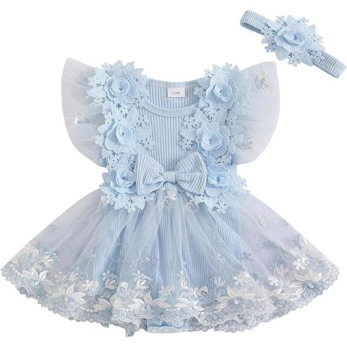 Douhoow Baby Girls Romper Dress Baby Dress Romper 3D Flowers Mesh Skirt Hem Infant Girl Summer Clothes with Headband