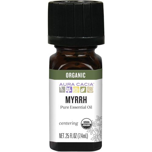 Aura Cacia Organic Myrrh Oil, 0.25 fl. oz. Pure and Natural Myrrh Essential Oil for Skin and Hair Care, Aromatherapy, Body Massage and Humidifiers, Vegan