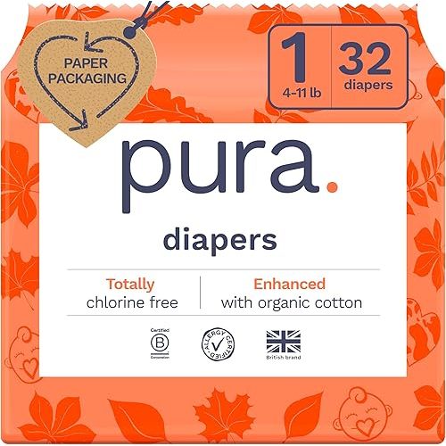Pura Hypoallergenic Diapers, Size 1 (4-11 lbs), Newborn, Totally Chlorine Free, 1 Pack of 32 Baby Diapers