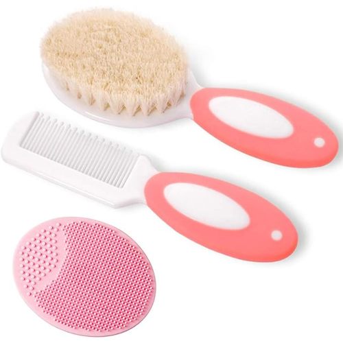 Baby Hair Brush and Comb Set for Newborns & Toddlers | Natural Soft Goat Bristles | Ideal for Cradle Cap | Perfect Baby Registry Gift (Pink)