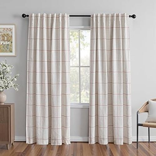 MYSKY HOME 100% Blackout Plaid Farmhouse Linen Curtains 84 Inch Long for Living Room Double Layer Checkered Drapes Thermal Insulated Privacy Protection Rod Pocket Back Tab, 1 Panel, 52" W, Tan