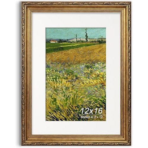 Antique Gold 12x16 Picture Frame, Ornate Embossing Frame with Paper Mat and Plexiglass, Fit for 12x16 without Mat or 8x12 with Mat, Wall Mounting Display for Art Prints, 1 Pack