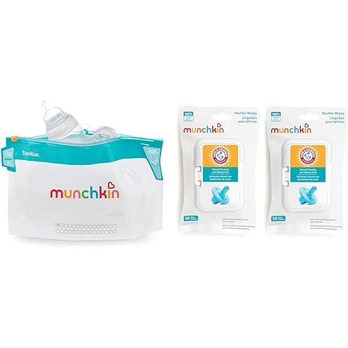 Munchkin Sterilize Microwave Steam Bags 6 Pack, Arm & Hammer Pacifier Wipes 2 Pack 72 Count