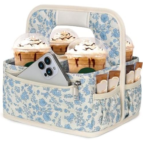 Floral Quilted Drink Carrier Tote Bag for Car, 4 Cup Water Holder with Removable Dividers Cute Women's Reusable Beverage Bag