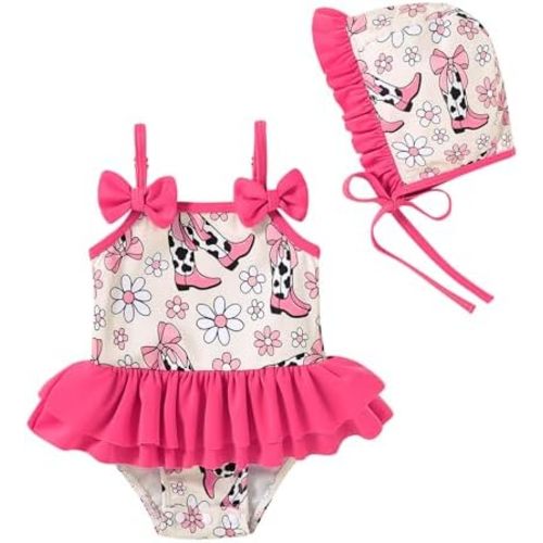 YOUNGER TREE Baby Girls Swimsuit One Piece Swimwear Ruffled Infant Swimsuit Floral Print Bathing Suit with Hat,UPF 50+