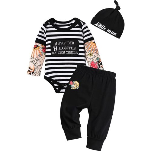 Baby Boy Clothes Tattoo Sleeve Funny Romper Bodysuit+Pants 3PCS Infant Outfits Set