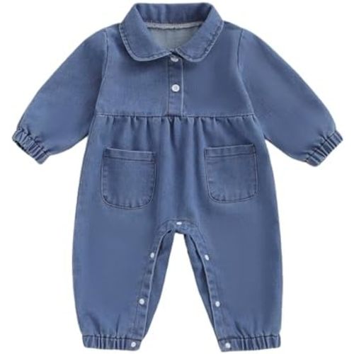 Gaono Newborn Baby Girl Clothes Denim Romper Long Sleeve Button Up Jean Jumpsuit Bodysuit One Piece Fall Winter Outfit