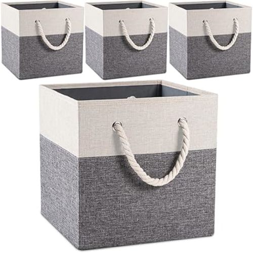 PRANDOM Large Foldable Cube Storage Bins 11x11 inch [4-Pack] Fabric Linen Storage Baskets Cubes Drawer with Cotton Handles Organizer for Shelves Nursery Closet Bedroom White and Grey