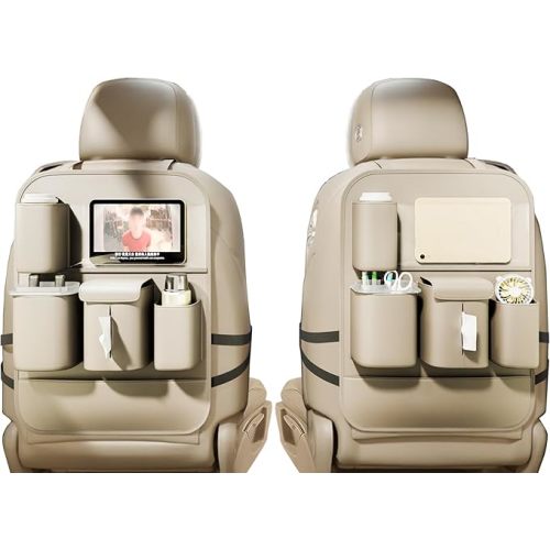Backseat Car Organizer with Touch Screen,Protectors Kick Mats Travel Accessories for Kids,Multifunctional Seat Back Organizer Car Travel Organizer Accessories (Beige, 2PCS)