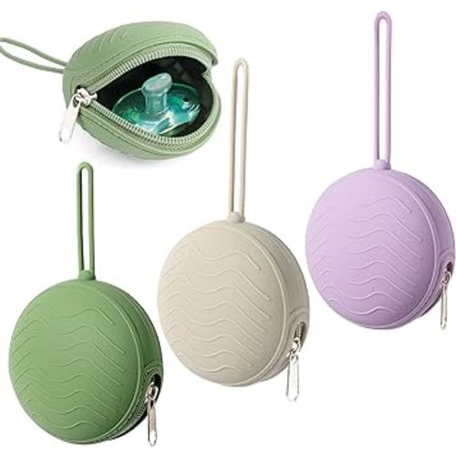 3 Pack Silicone Pacifier Holder Case, BPA-Free Cover Pouch for Baby, Portable Storage Container for Diaper Bag Stroller, Travel Outdoor Activities, Easy to Clean (Green, Grey, Purple)