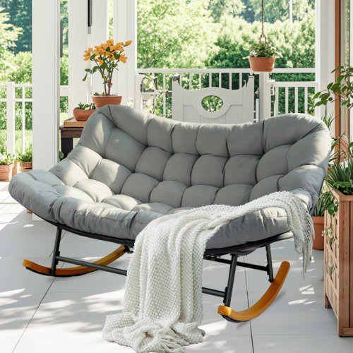 Winston Porter Patio Rocking Chair Outdoor, Oversized Papasan Rocking Chair For 2 With E-Coated Steel Frame And Thick Cushion & Reviews | Wayfair
