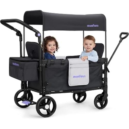 MOMFANN Stroller Wagon for Kids, Double Wagon Stroller Toddlers, All-Terrain Baby Wagon with Canopy & 2 Seaters, Adjustable Handle & Pull Bar for Infants and Toddlers, Gray
