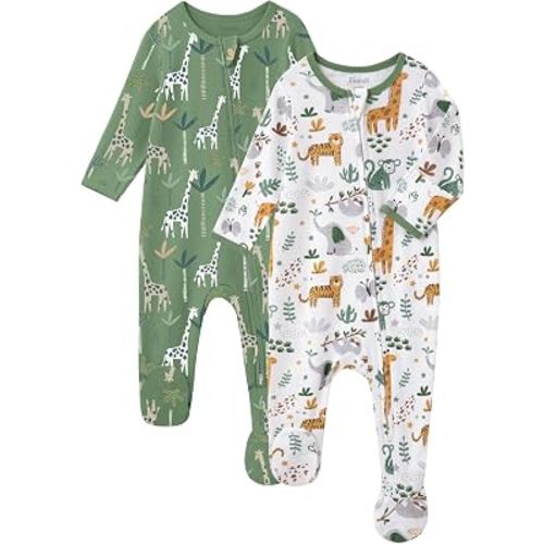 FIEMOL Baby Sleepers 100% Cotton Footie Pajamas, Newborn 0-3 3-6 6-9 Months with 2-Way Zipper, 2pcs PJs Baby Boy Clothes