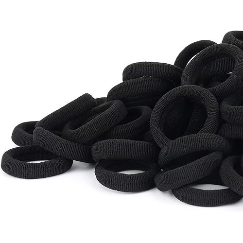 Black Seamless Hair Ties – Cotton Hair Bands – Tiny Elastics Ponytail Holders for Toddlers, 1 Inch in Diameter, Black, by Nspring