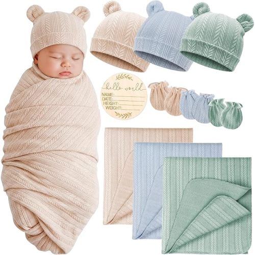 Newborn Receiving Blanket with Bow Hat Headband Wooden Card Set Newborns Toddler Baby Boy Girl Nursery Swaddle Wrap