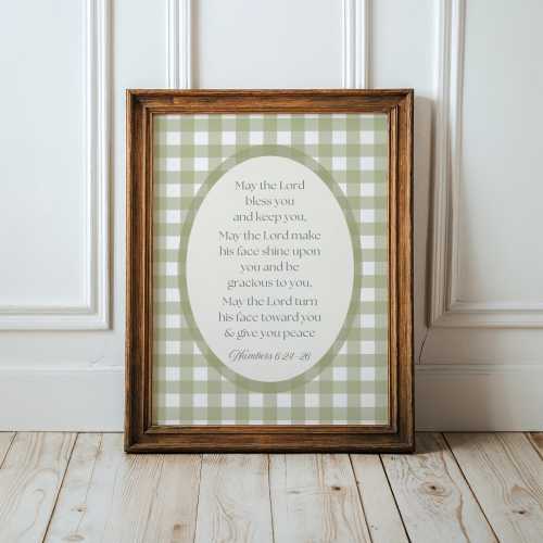 Numbers 6:24-26 Nursery Print Christian Baby Wall Art in Green Gingham ∙ 1600