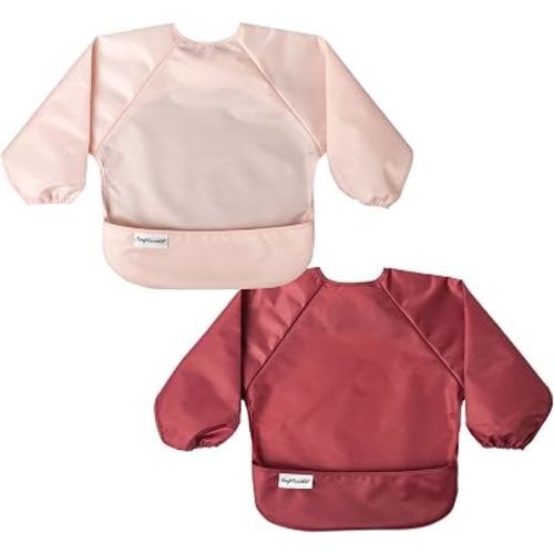 Tiny Twinkle Long Sleeve Bib for Babies & Toddlers | 2-Pack Waterproof Smock Bib for Eating | Machine Washable & Mess-Proof Feeding Essentials | Newborn Shower Gift (Rose Burgundy,6–24M)