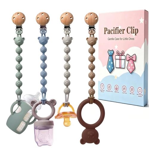 Silicone Pacifier Clip Holder with One Piece Design, Soft Flexible Binky Cute Bear Food Grade Silicone Binky Clips with Texture for Baby Boy and Girl Gifts Pack of 4