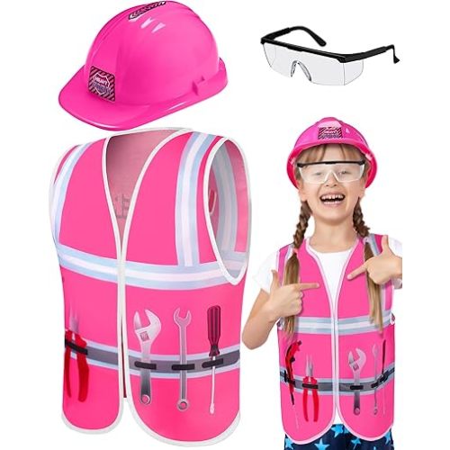 Handepo Construction Worker Costume Kids Hard Hat Construction Vest Goggles Toddler Dress Up Set Birthday Party Girls Boys(Pink, Black)