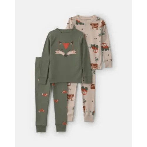 Baby Boy 4-Piece Fox 100% Cotton Snug Fit Pajama Set - Green/Cream | Carter's