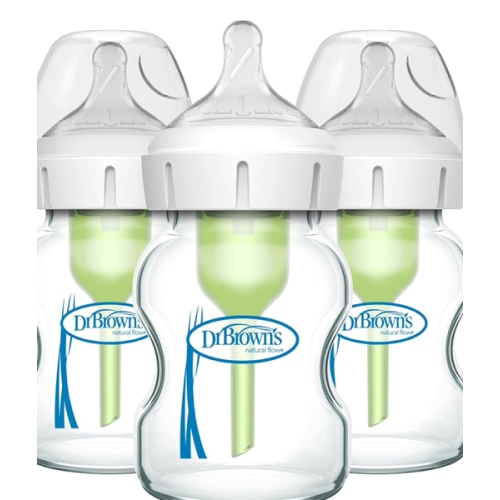 Dr. Brown's Natural Flow Anti-Colic Options+ Wide-Neck Glass Baby Bottles 5 oz/150 mL, with Level 1 Slow Flow Nipple, 3 Pack, 0m+