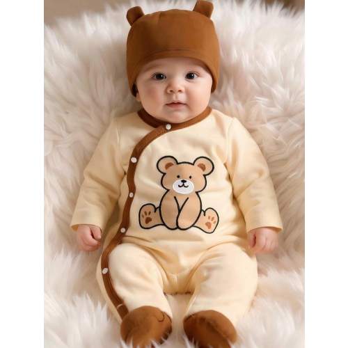 3 piezas, Niño pequeño, Suave y cómodo, Informal, Lindo, Mono con bloqueo de color, botón diagonal y patrón de oso de dibujos animados bordado en relieve con gorro con forma 3D y babero, Ropa de niño pequeño, Ropa de bebé recién nacido niño, Ropa de niños