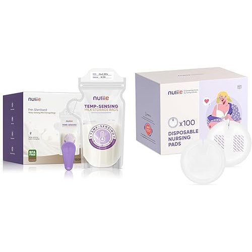 Nuliie 150pcs Temp-Sensing Breastmilk Storage Bag & Nuliie Super Absorbent & Featherlight Disposable Nursing Pads 100 Count