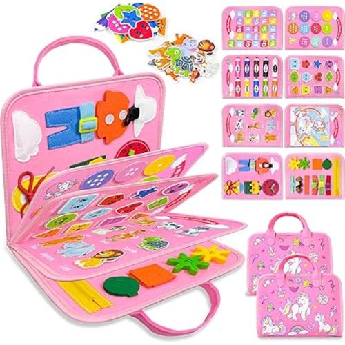 Walenty Busy Board Montessori Toys for Toddler Girl Birthday Gifts, Busy Book Sensory Learning Toys for Toddlers, Educational Activities Airplane Car Travel Toy for Girls