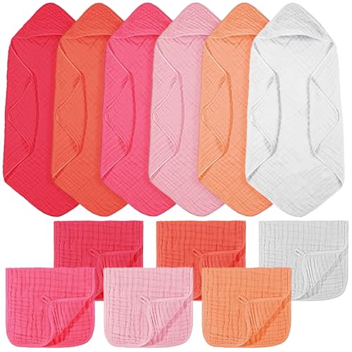VitalCozy 12 Pcs Baby Muslin Hooded Bath Towels and Washcloths, Muslin Hooded Baby Towels Absorbent Blankets for Gift Newborn Infant Shower (Vibrant Colors,35 x 35 Inch)