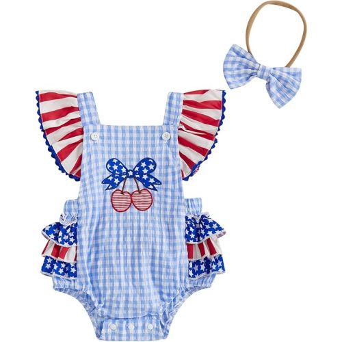 Baby Girls 4th of July Romper Outfits Cherry Stars Stripe Sleeves Jumpsuit and Headband