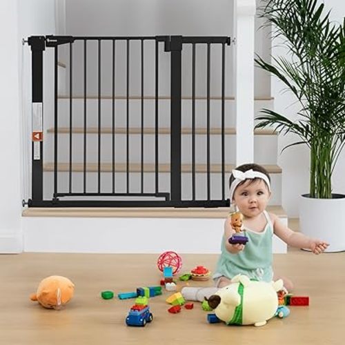COMOMY 30" Tall Baby Gate for Stairs Doorways, Fits Openings 29.5" to 40.5" Wide, Auto Close Extra Wide Dog Gate for House, Pressure Mounted Easy Walk Through Pet Gate with Door, Black