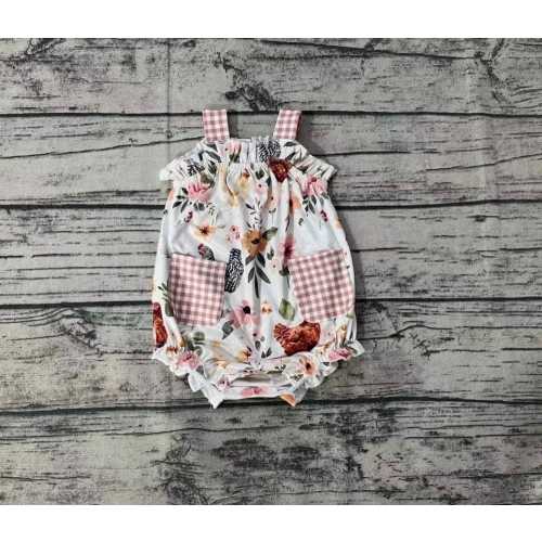 Baby Girl Floral Chicken Bubble Romper – Farmhouse Gingham Pocket Outfit