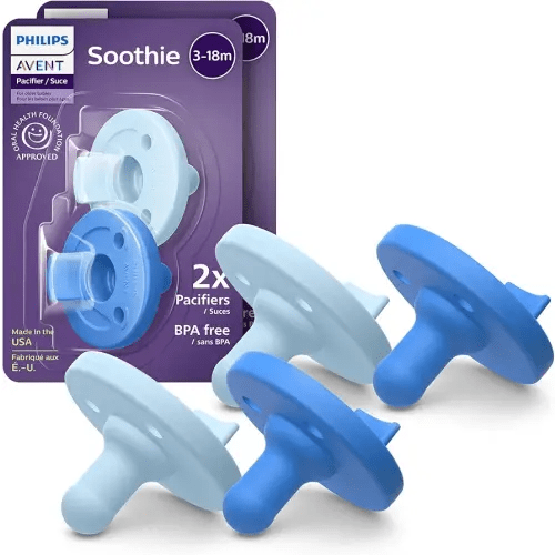 Philips Avent Soothie Orthodontic Baby Pacifiers, 100% Silicone Pacifiers, One Piece, BPA-Free, for Babies 3-18 Months, 2 Sky Blue and 2 Light Blue, 4 Pack, Model SCF192/71