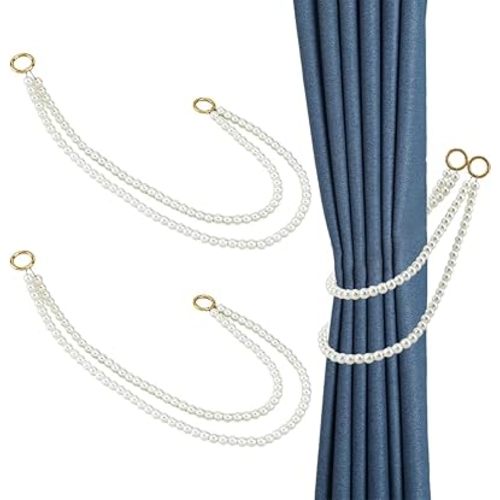 SUPERFINDINGS 2Pcs Pearls Curtain Tiebacks with Metal Rings Curtain Holdbacks Holders Cord Pearls Strands Decorative Tie Backs for Room Curtains,Doubled Pearls Strands