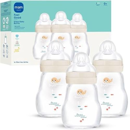 MAM 6oz Pure Glass Feel Good Anti-Colic 0+ Months Baby Bottle, 3 Pk, Unisex | Slow Flow Skin Soft Silicone Nipple, Easy to Clean, BPA Free, Easy Switch Between Breast & Bottle, Made In Europe