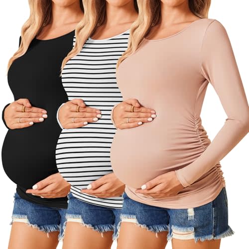 Ekouaer Womens Maternity Shirts Long Sleeve 3 Packs Pregnancy Tee Top Tunic Blouse Casual Mama Clothes S-XXL