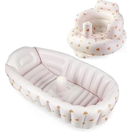 PandaEar 2 Pack Baby Inflatable Bathtub & Baby Seat for 3 Months+, Portable Travel Baby Infant Bath Tub and Infant Chair Toddler Floor Seats with Built in Air Pump for Newborn