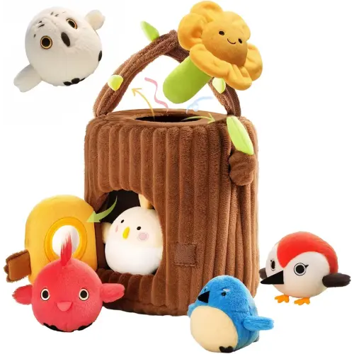 Evoceler Surprise Tree Stump with Birds, Rattle, Crinkle Paper,Squeaker & Mirror | Soft Montessori Toys for 6 Month Old Babies | Sensory Toddlers 1-3, 1 Year Old Boy Girl Gifts, Baby Toys 6-12 Months