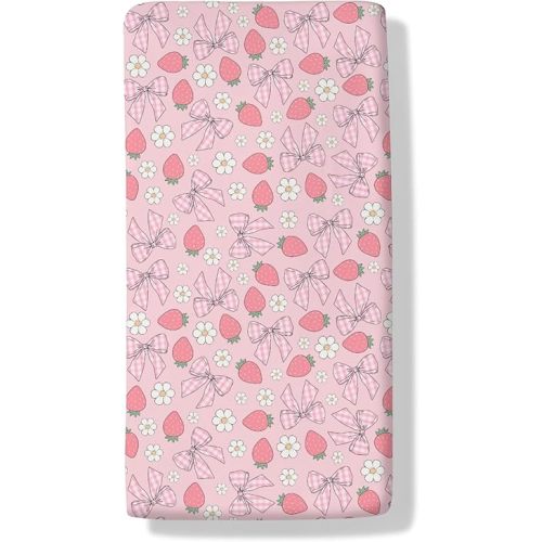 Pink Strawberry Bows Boho Floral Baby Crib Sheets Cute Strawberries Bows Standard Crib Toddler Mattresses Summer Fruits Nursery Bedding Sheet Crib Mattress Sheets 28x52in