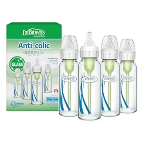 Dr. Brown's Anti-Colic Options+ Narrow Glass Baby Bottle with Level 1 Slow Flow Nipple, BPA-Free, 8 oz/250 mL, 0m+, 4-Pack (Packaging May Vary)