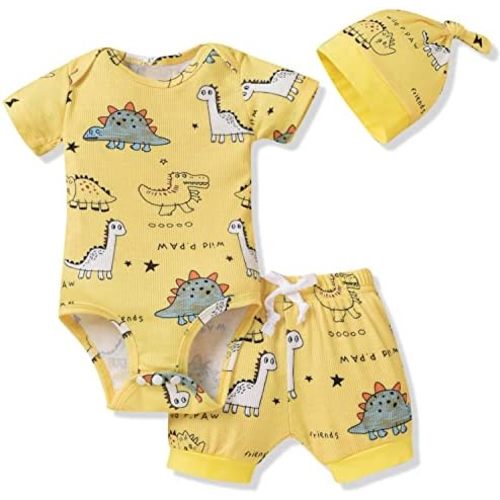 HINTINA Preemie Newborn Infant Baby Boys Outfits Dinosaur Bodysuit Romper Short Pants Hats 3Pcs Summer Clothes Set