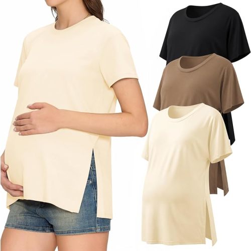 3 Pack Women's Maternity Shirts, Crew Neck Pregnancy Clothes Short Sleeve