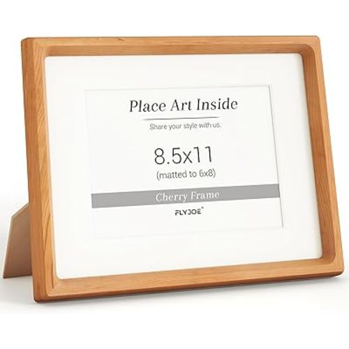 8.5 by 11 Picture Frame, USA-Sourced Natural Cherry Wood Photo Frame with Tempered Glass, Handcrafted Rounded Corner 8.5x11 Wooden Frame Matted to 6x8 Photos, Diploma Certificate Document Frame